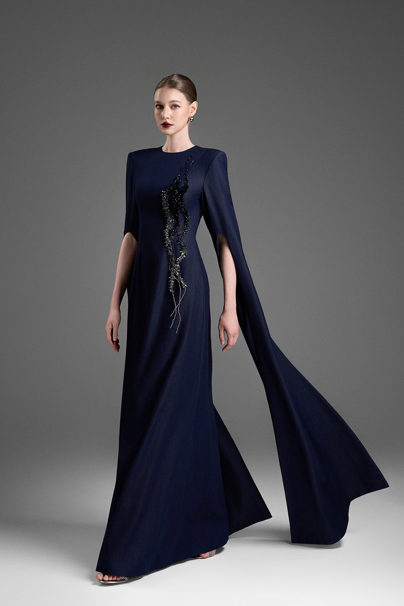 Dark blue GVLUX A-line maxi gown with flared sleeves, flowing elegant dress perfect for formal occasions.
