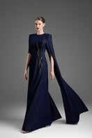 Dark blue GVLUX A-line gown with flared sleeves, elegant and flowing, perfect for formal occasions.