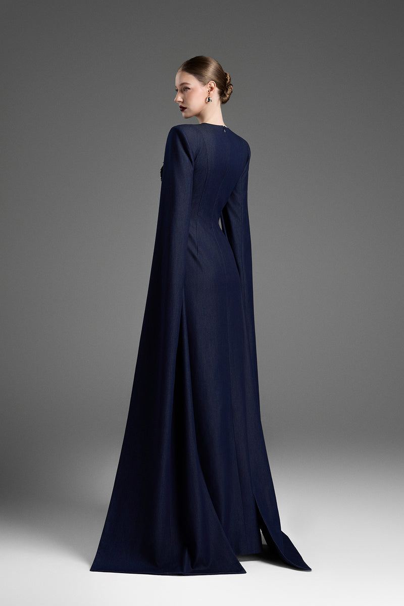 Dark blue GVLUX A-line maxi gown with flared sleeves, elegant and flowing, perfect for formal occasions.