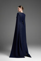 Dark blue GVLUX A-line gown with flared sleeves, elegant and flowing, perfect for formal occasions.