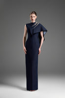 Dark blue GVLUX asymmetrical draped shoulder A-line gown, elegant evening dress with flowing silhouette and stylish design.