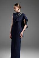 Dark blue GVLUX asymmetric draped shoulder A-line gown, elegant evening dress with flowing fabric and stylish design.