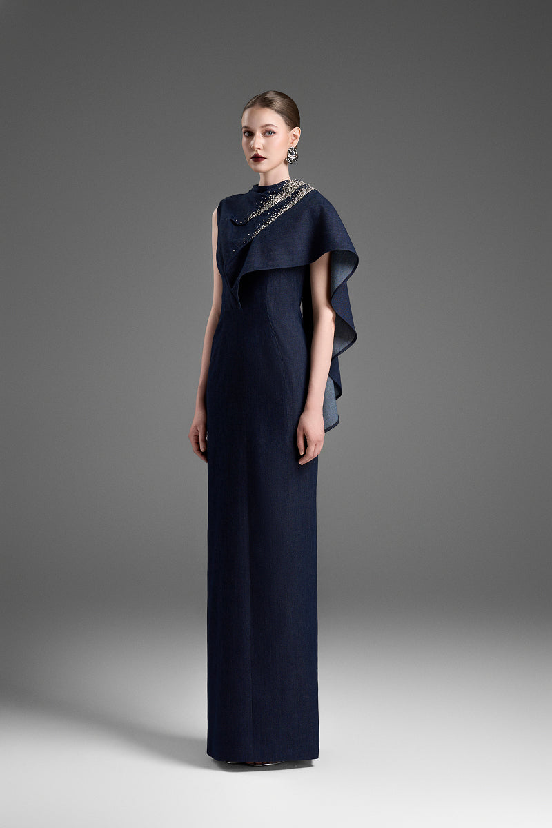 ASYMMETRIC DRAPED SHOULDER A-LINE DRESS IN DARK BLUE