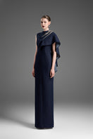 Dark blue GVLUX asymmetric draped shoulder A-line gown, elegant evening dress with flowing fabric and stylish silhouette.