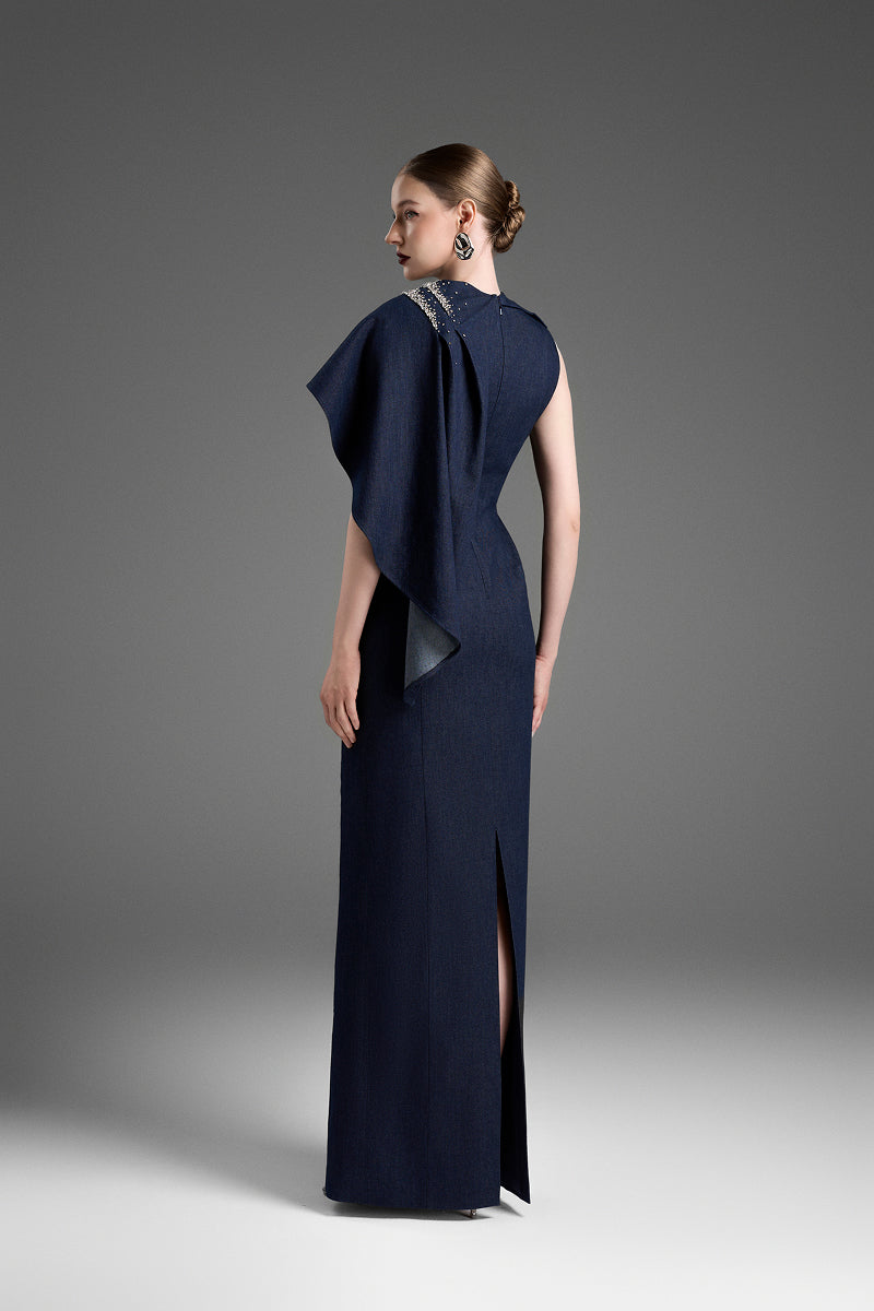 Dark blue GVLUX asymmetrical draped shoulder A-line maxi dress with flowing fabric and elegant silhouette.