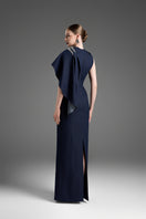 Dark blue asymmetric draped shoulder A-line gown by GVLUX, featuring elegant design and flowing fabric.