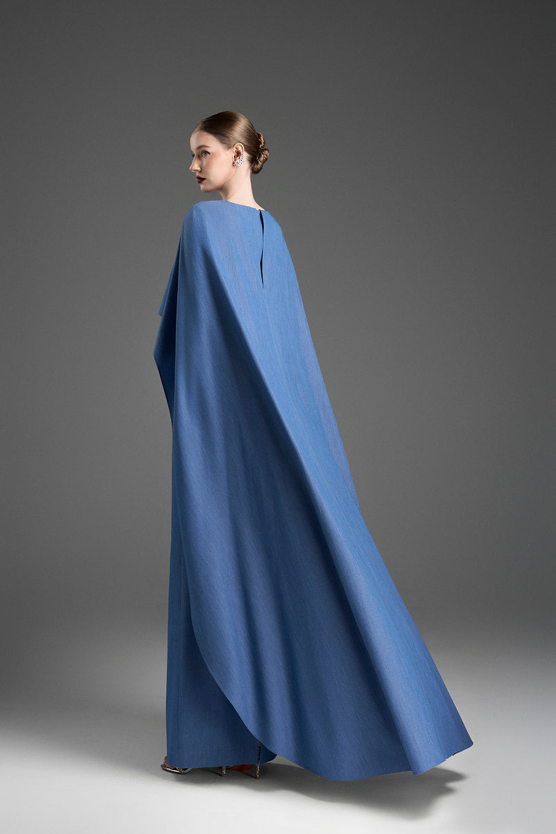 Blue V-neck kaftan gown with dolman sleeves by GVLUX, featuring an elegant and flowing design.