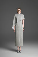 Light gray GVLUX asymmetric draped cape sleeve maxi dress showcasing elegant, flowing design and sophisticated style.