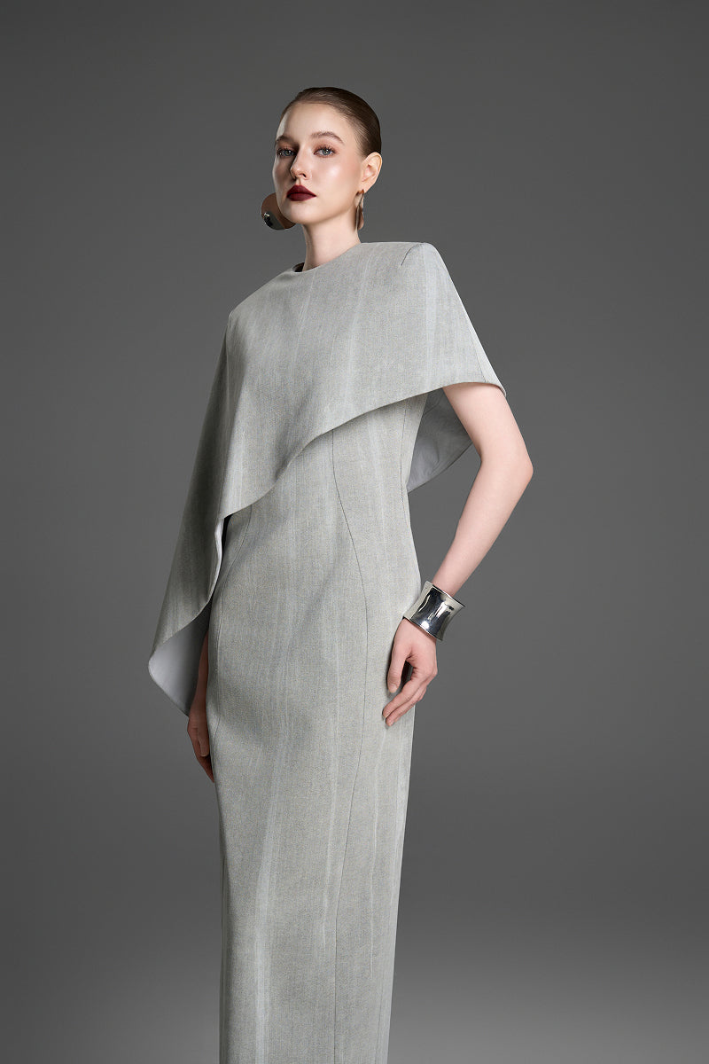 ASYMMETRIC DRAPED CAPE SLEEVE COLUMN DRESS IN LIGHT GRAY | CULT MIA