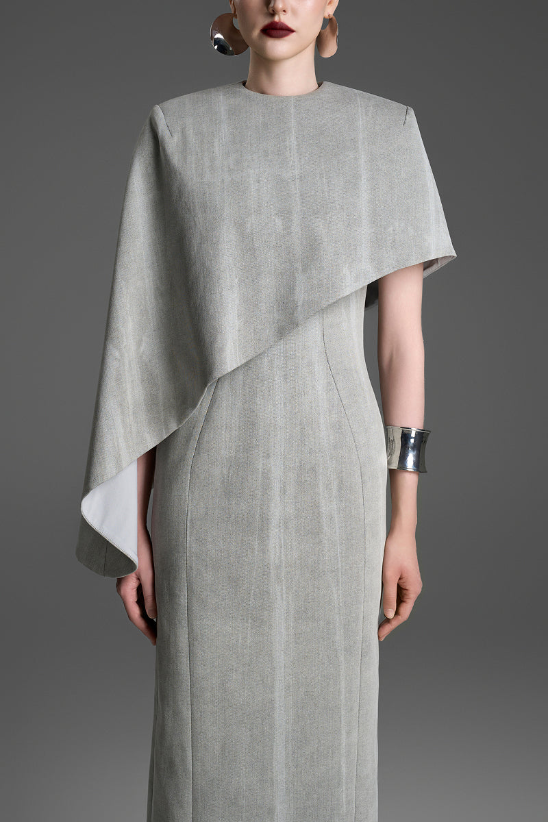 ASYMMETRIC DRAPED CAPE SLEEVE COLUMN DRESS IN LIGHT GRAY | CULT MIA
