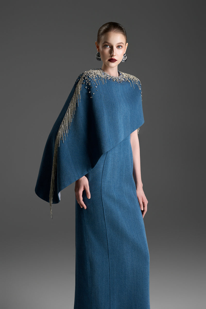 ASYMMETRICAL COLUMN DRESS WITH DRAPED CAPE SLEEVE IN BLUE | GVLUX