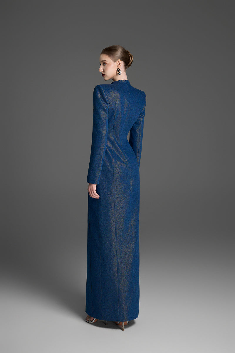 COLUMN GOWN WITH CRYSTAL EMBROIDERY IN BLUE | CULT MIA