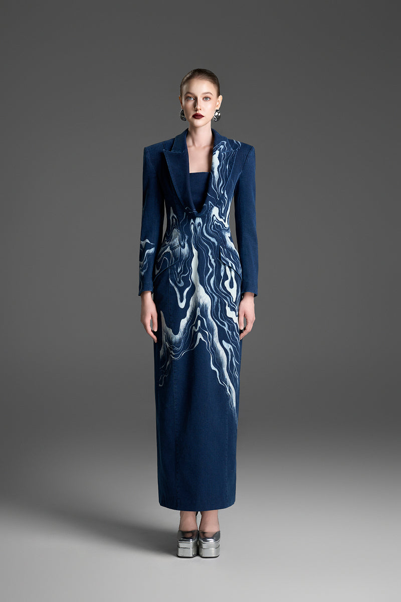Blue hand-painted tuxedo maxi dress by GVLUX featuring a stylish pattern and elegant flowy design.