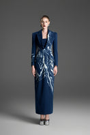 Blue hand-painted pattern tuxedo gown by GVLUX, elegant formal dress with tailored fit and artistic design.