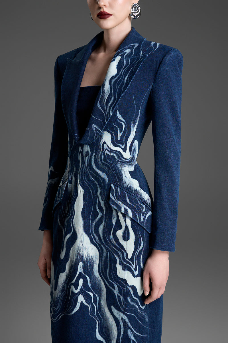 tuxedo maxi dress TUXEDO DRESS WITH HAND-PAINTED PATTERN IN BLUE | CULT MIA