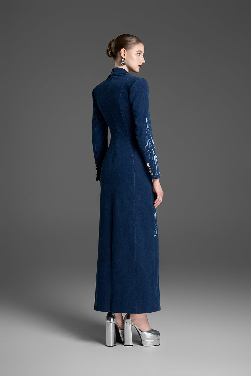 tuxedo maxi dress TUXEDO DRESS WITH HAND-PAINTED PATTERN IN BLUE | CULT MIA