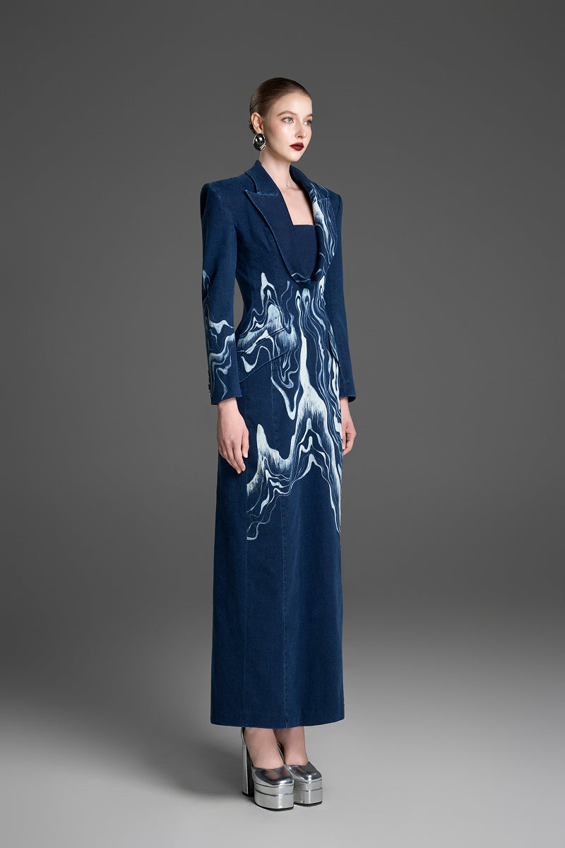Blue hand-painted pattern tuxedo gown by GVLUX, elegant formal dress with tailored fit and artistic design.