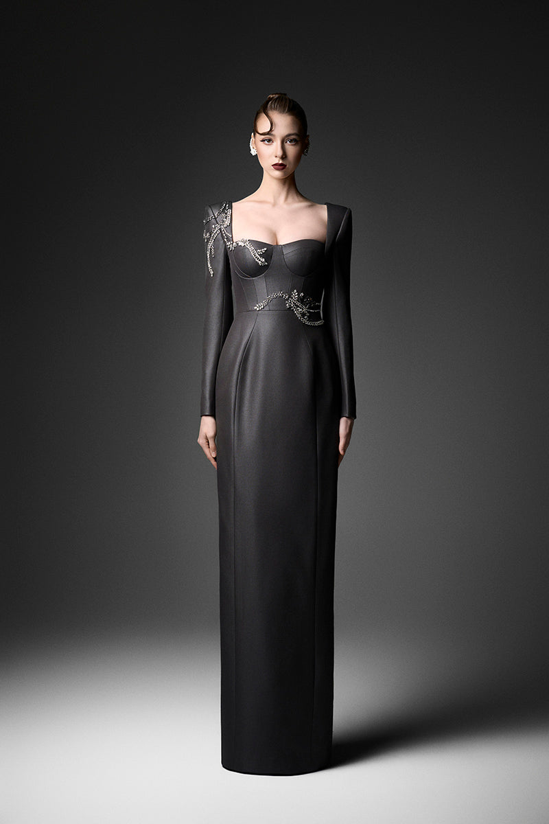 Gray sweetheart neckline gown by GVLUX, flowing fabric, elegant design, perfect for formal occasions.
