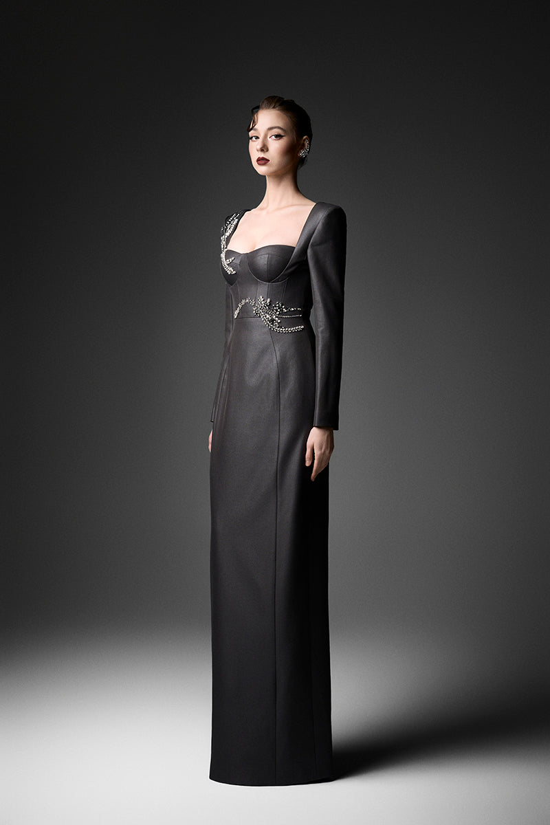 Gray sweetheart neckline gown by GVLUX, featuring elegant flowing fabric and a fitted bodice, perfect for formal occasions.