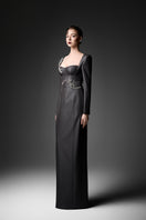 Gray sweetheart neckline gown by GVLUX, featuring elegant flowing fabric and a fitted bodice, perfect for formal occasions.