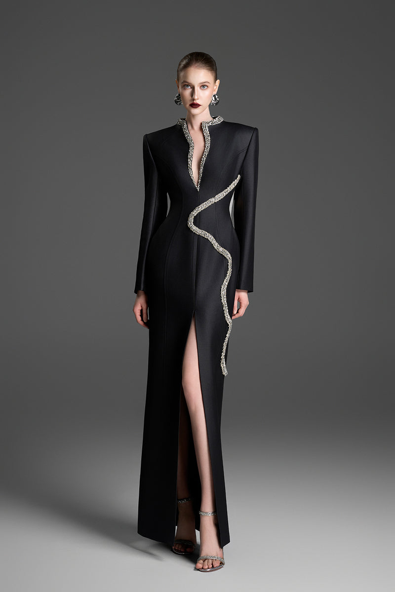 Black GVLUX sheath maxi dress with a stylish wave neckline, designed for elegant evening and formal occasions.