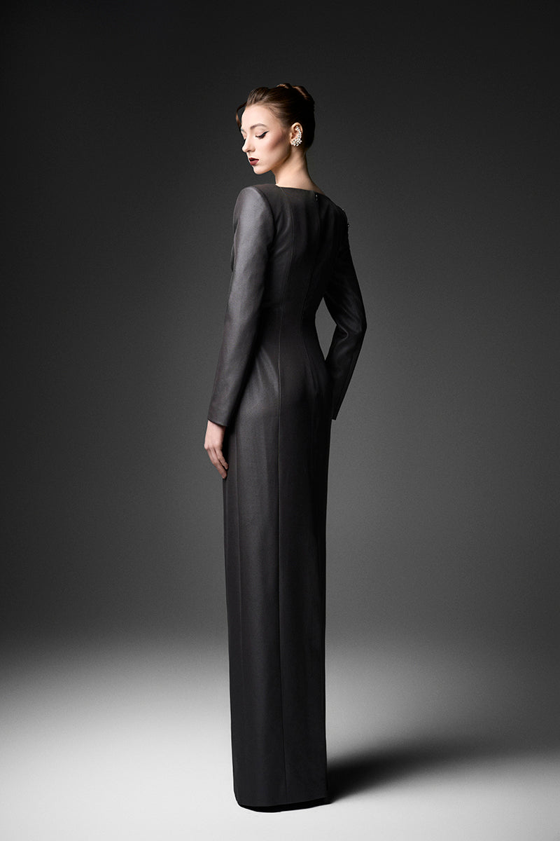 Gray sweetheart neckline gown by GVLUX featuring elegant fabric and a flowing silhouette, perfect for formal occasions.