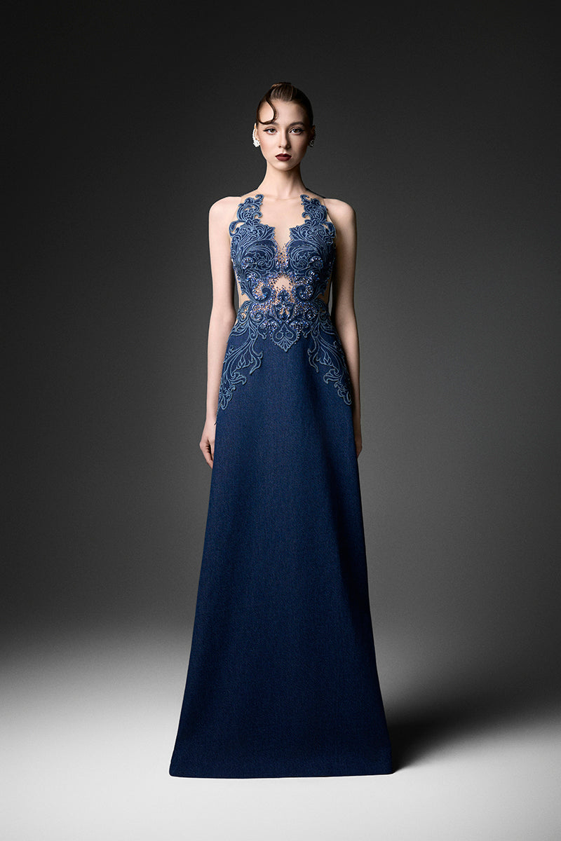 Navy embroidered high neck gown by GVLUX featuring intricate embroidery and elegant design, shown on a hanger.