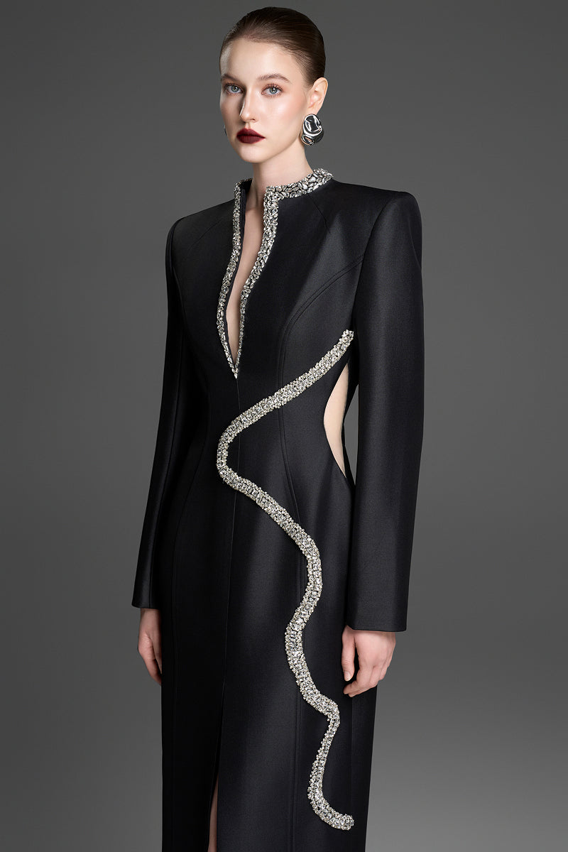 Black GVLUX sheath maxi dress with a stylish wave neckline, perfect for elegant occasions.