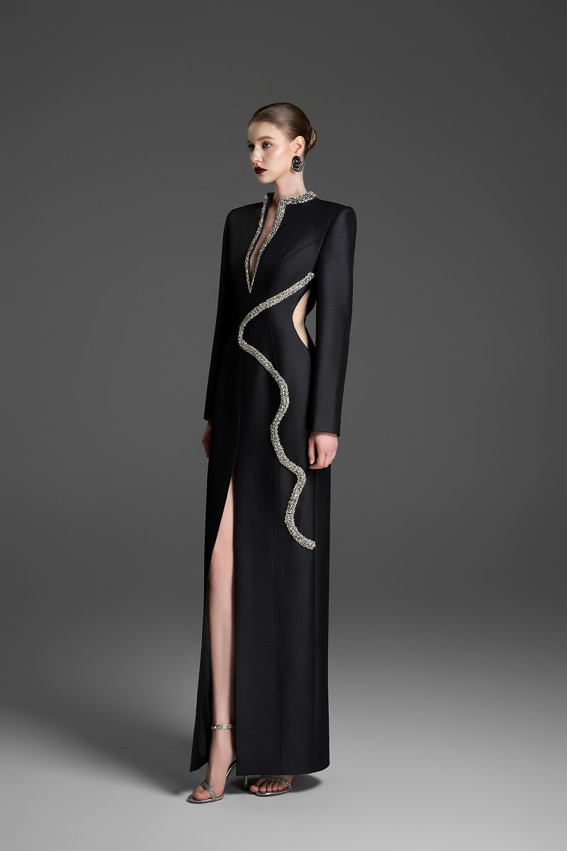 Black sheath maxi dress with wave neckline by GVLUX, featuring a sleek and elegant design perfect for formal occasions.
