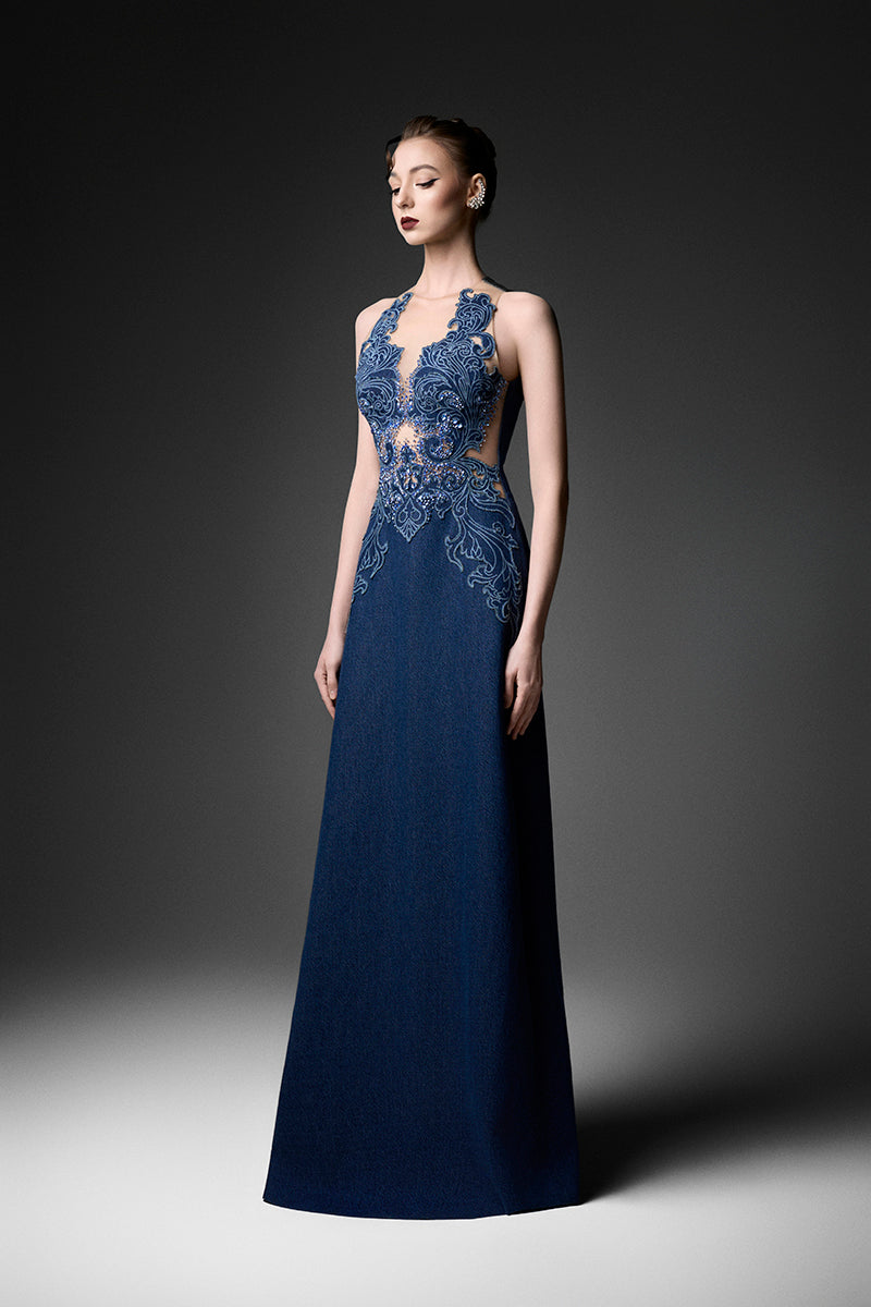 Navy high neck embroidered gown by GVLUX featuring intricate embroidery and elegant design, full-length dress on a mannequin.