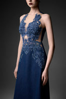 Navy high neck embroidered gown by GVLUX featuring intricate embroidery and elegant design, perfect for formal occasions.