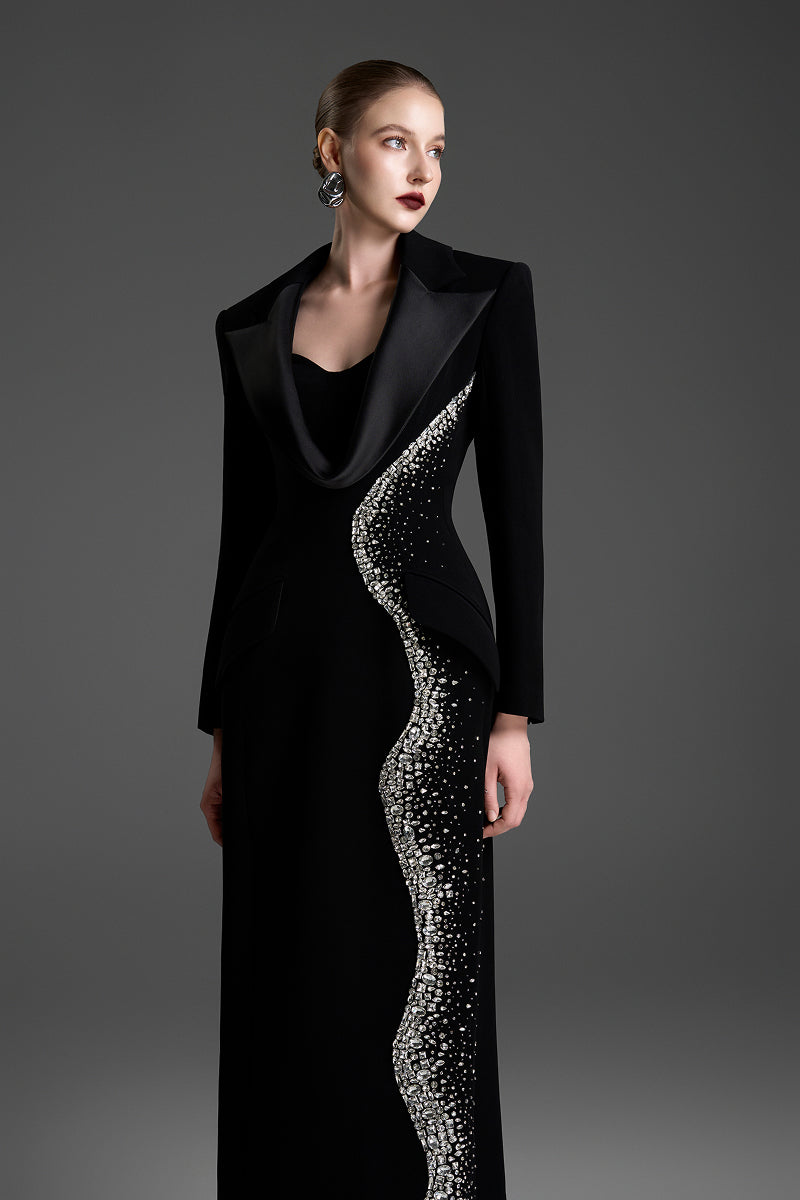 Black deep V-neck tailored sheath maxi dress by GVLUX, featuring a fitted silhouette and elegant design.