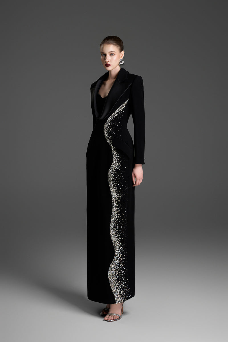 Black deep V-neck tailored sheath maxi dress by GVLUX, featuring a sleek fit and elegant design, perfect for formal occasions.