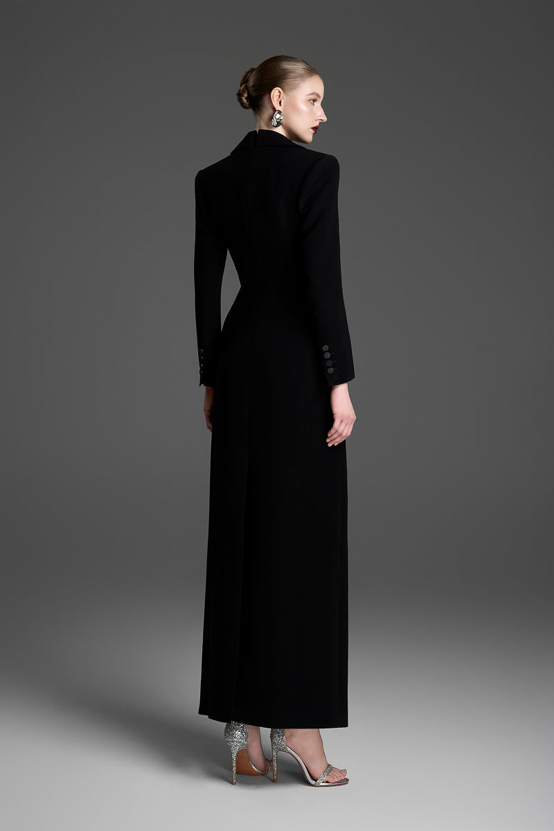 Black deep V-neck tailored sheath maxi dress by GVLUX, featuring a sleek fit and elegant design.