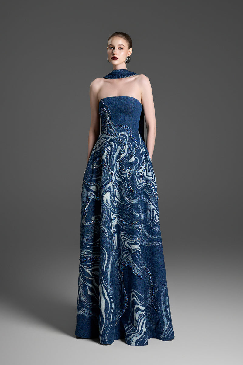 Blue strapless gown with crystal-embellished marblewood embroidery by GVLUX, elegant evening dress with intricate detailing.