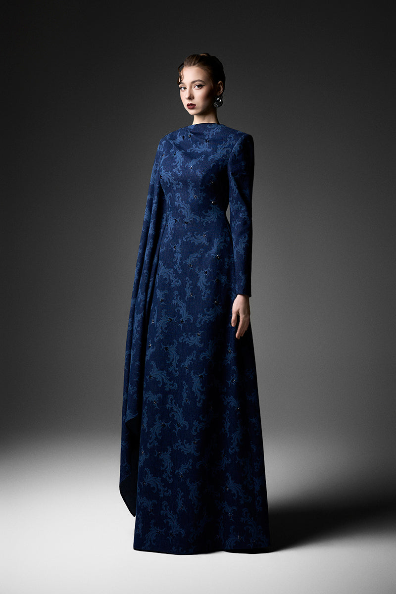 Navy embroidered cape shoulder gown by GVLUX featuring intricate embroidery and elegant design for formal occasions.
