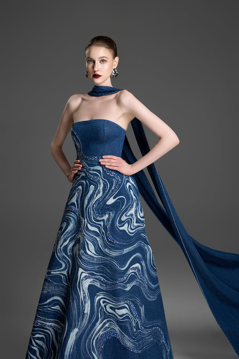 Blue strapless gown with crystal-embellished marblewood embroidery by GVLUX, elegant formal dress for special occasions.