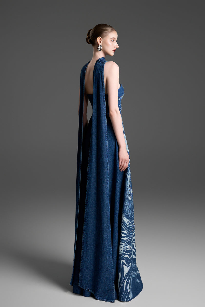 Blue strapless gown by GVLUX with crystal-embroidered marblewood details, elegant evening dress for formal occasions.