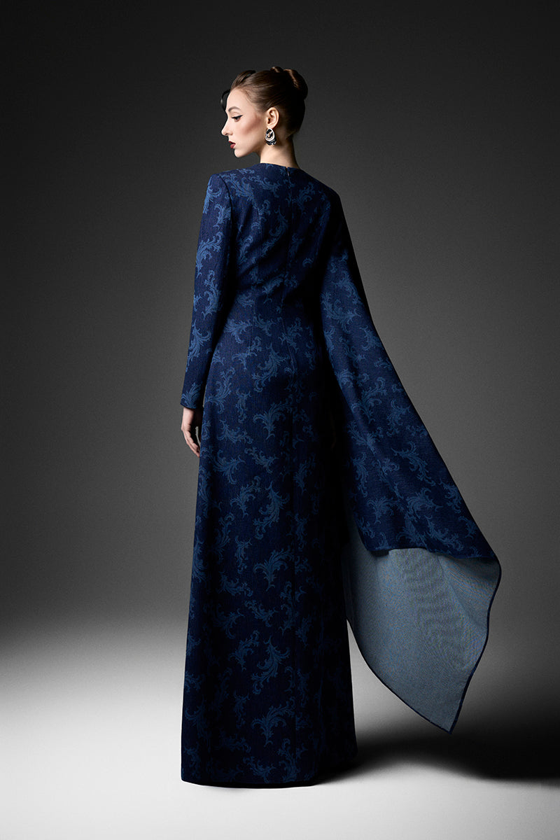Navy embroidered cape shoulder gown by GVLUX featuring intricate embroidery and elegant design, perfect for formal occasions.