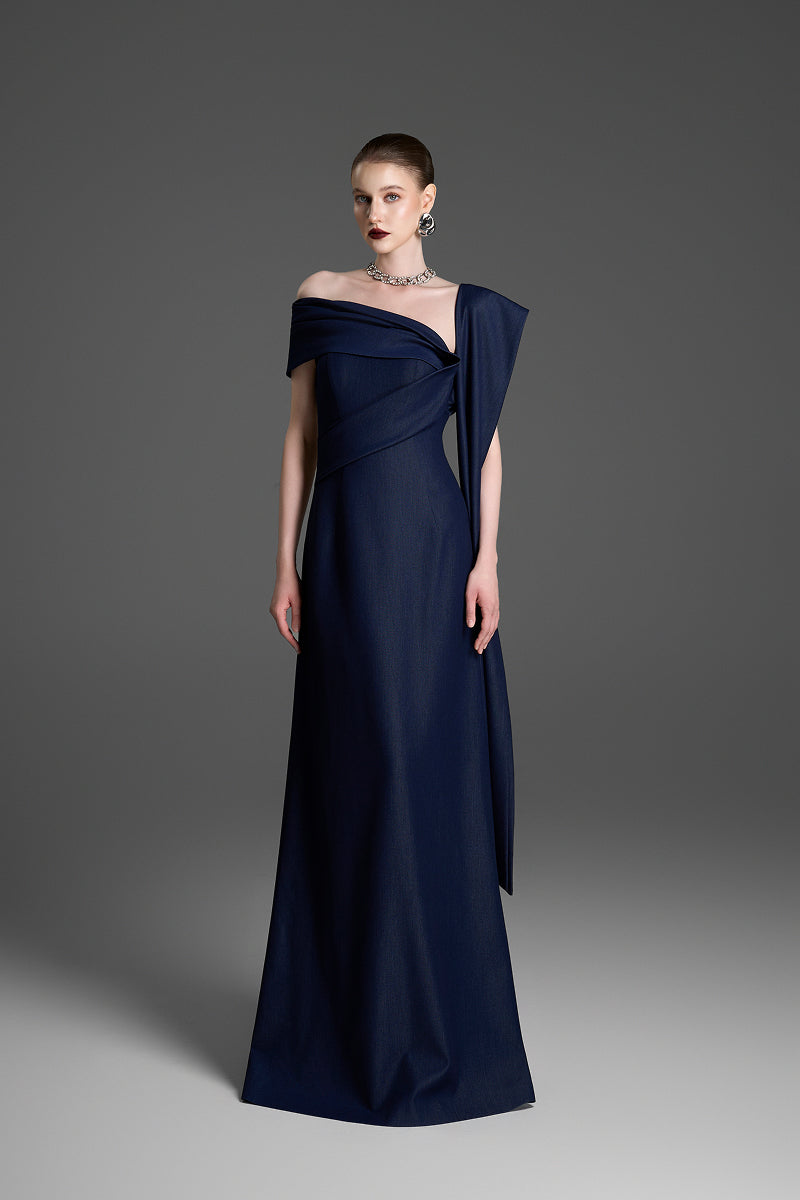 Dark blue GVLUX A-line maxi dress with a flowing silhouette, perfect for elegant occasions.
