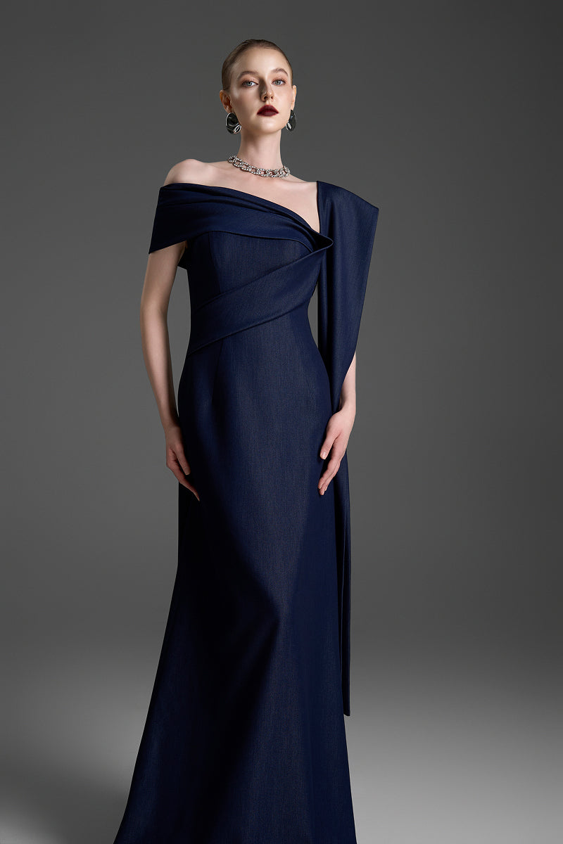 Dark blue GVLUX A-line maxi dress with a flowing silhouette, perfect for elegant occasions.
