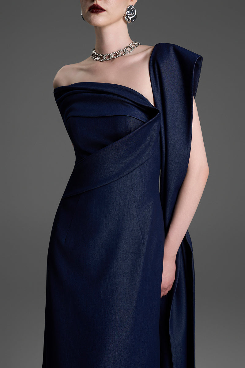 Dark blue GVLUX A-line maxi dress with a flowing silhouette and elegant design, perfect for formal or casual occasions.