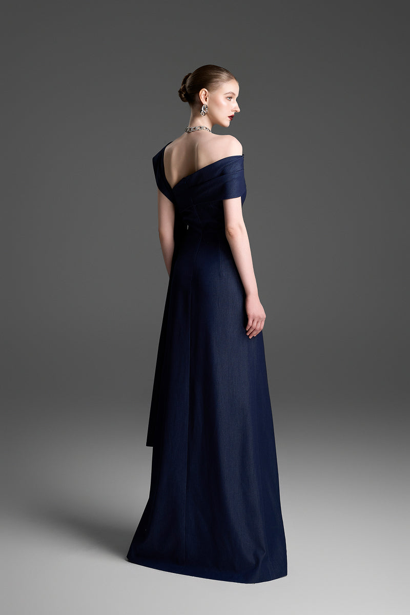 Dark blue A-line maxi dress by GVLUX, flowing fabric and elegant silhouette, perfect for casual or formal occasions.