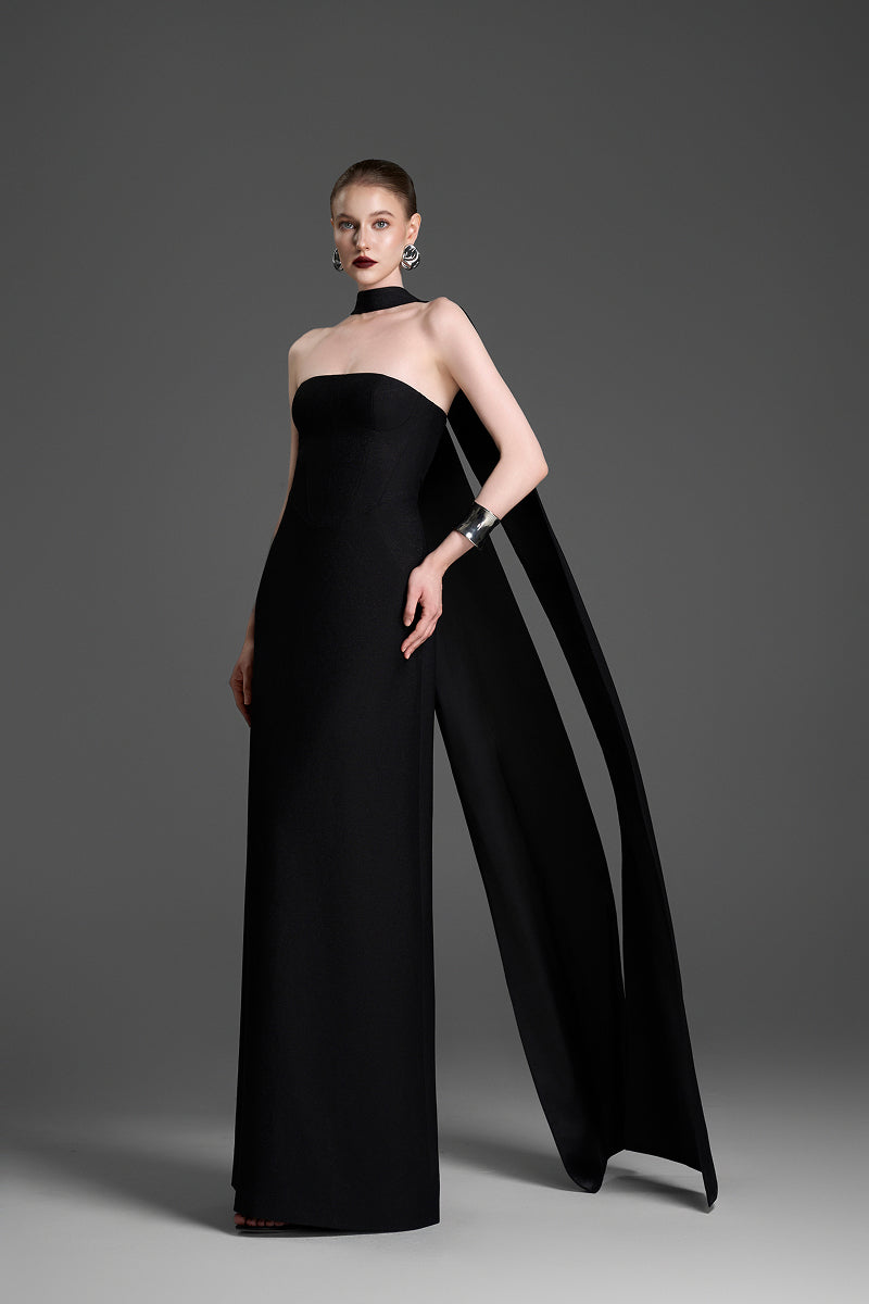 Black GVLUX A-line bustier gown with matching cape, elegant maxi dress for formal occasions.