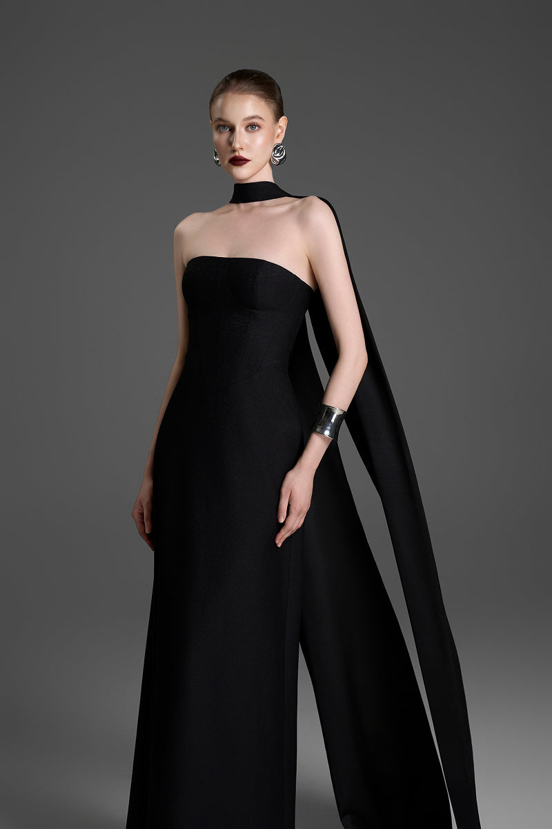 Black GVLUX A-line bustier gown with matching cape, elegant formal dress for special occasions.