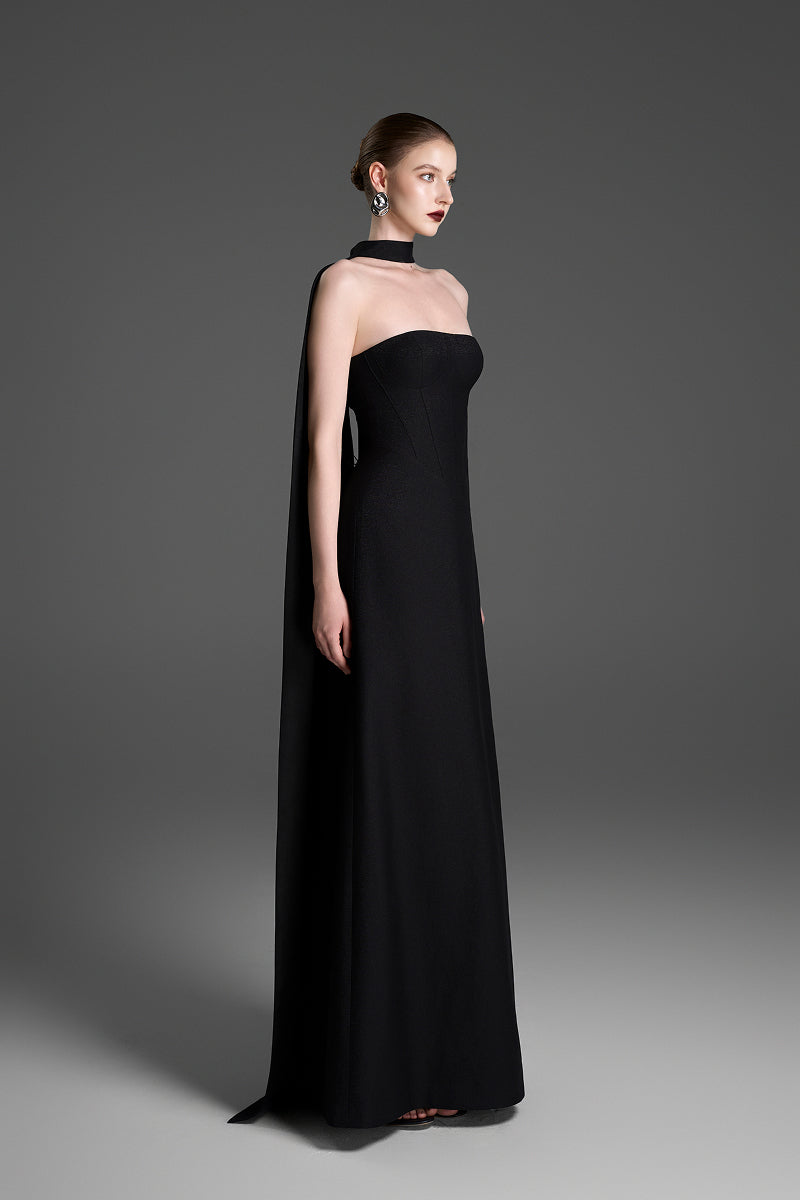 A-LINE BUSTIER GOWN WITH A MATCHING CAPE IN BLACK A-LINE BUSTIER GOWN WITH A MATCHING CAPE IN BLACK