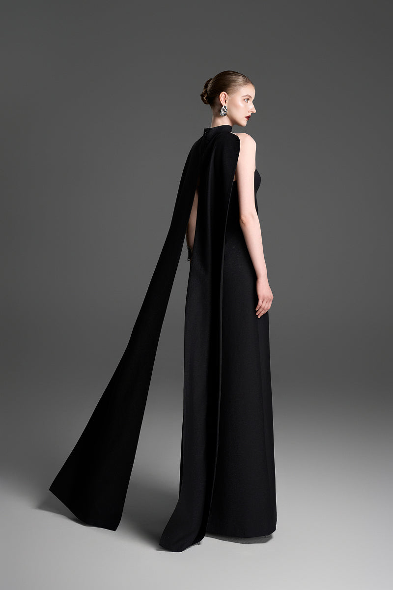 A-LINE BUSTIER GOWN WITH A MATCHING CAPE IN BLACK | CULT MIA | GVLUX A-LINE BUSTIER GOWN WITH A MATCHING CAPE IN BLACK | CULT MIA | GVLUX