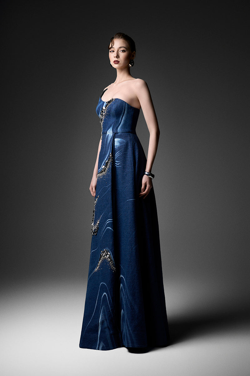 Elegant watercolor embroidery one-shoulder gown by GVLUX, featuring intricate designs and flowing fabric.