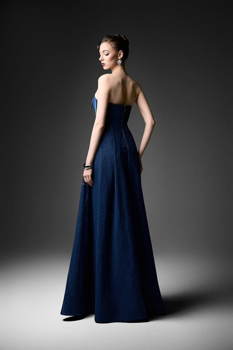 Elegant watercolor embroidery one-shoulder gown by GVLUX with intricate floral detailing and flowing fabric.
