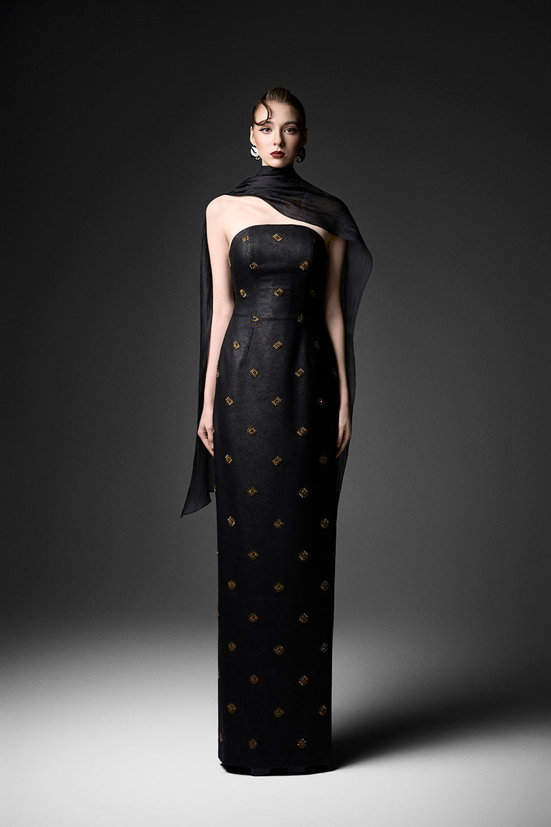 Black cape neck sweetheart gown by GVLUX featuring elegant draping and a fitted bodice, perfect for formal occasions.